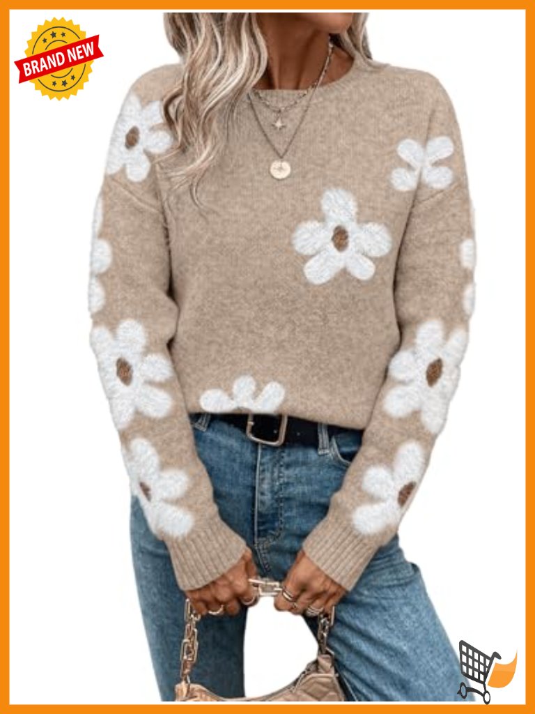Floral Pattern Crewneck Long Sleeve Drop Shoulder Pullover Sweater